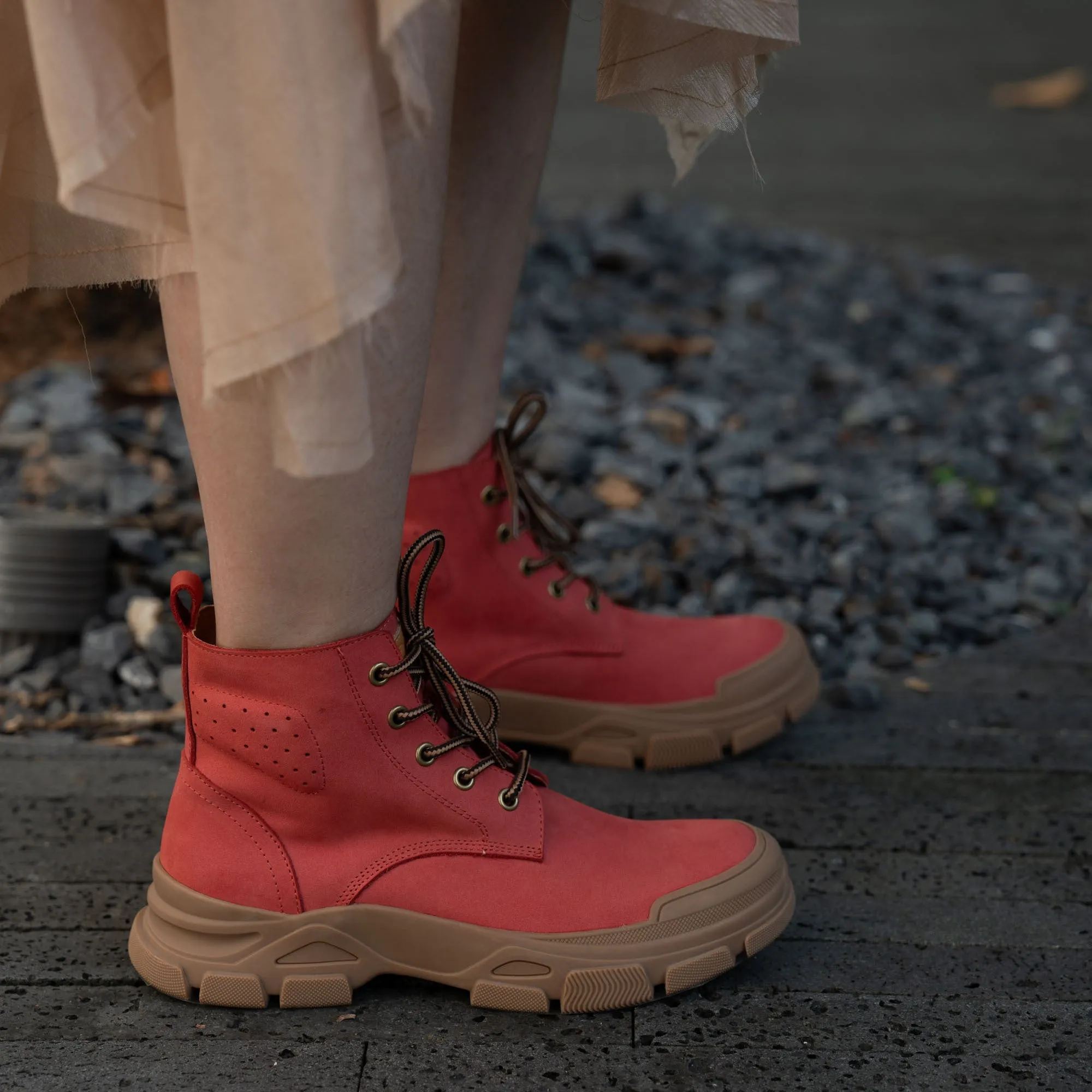 Designer Leather Short Boots Lace Up Combat Boots in Yellow/Red/Black